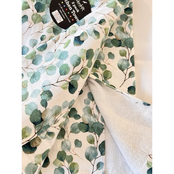 NEW Set 2 Kitchen Towels Eucalyptus  Garden Green White Colordrift 100% Cotton - Picture 3 of 4